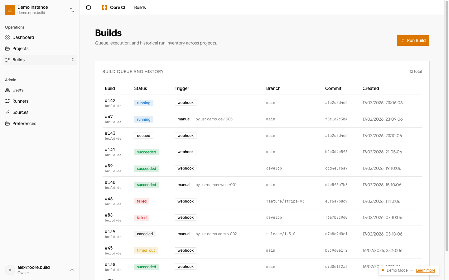Oore CI demo builds list screenshot