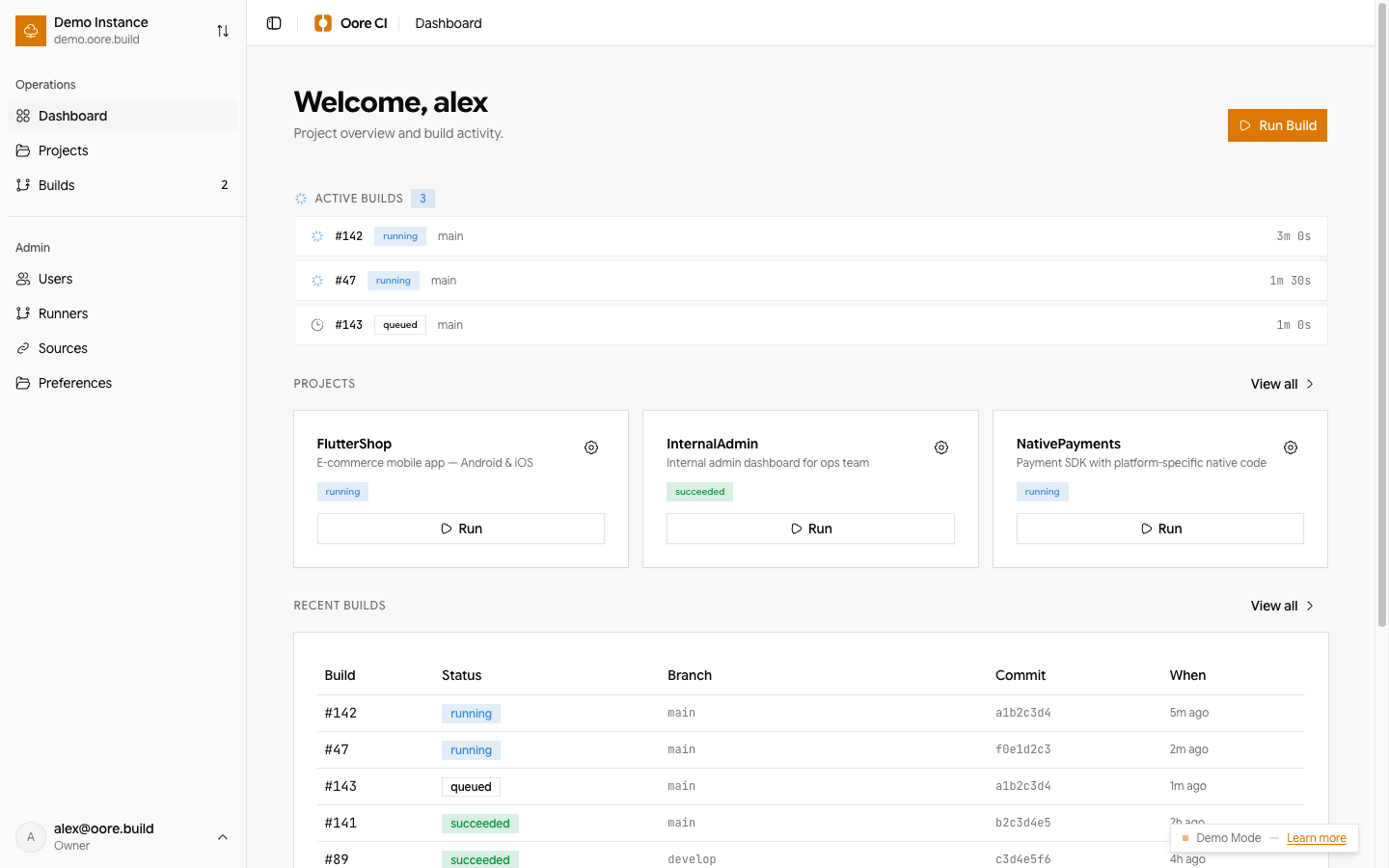 Oore CI demo dashboard screenshot